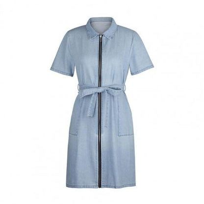 Robe jeans balançoire manche courte avec ceinture et fermeture éclair