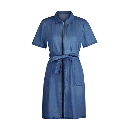 Robe jeans balançoire manche courte avec ceinture et fermeture éclair