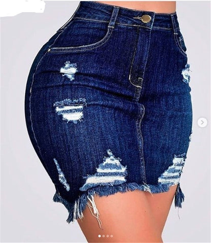 Jupe crayon en jean déchiré boutons taille haute