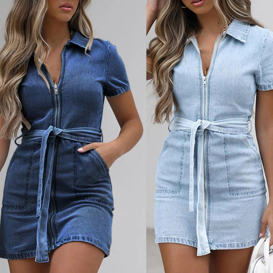 Robe jeans balançoire manche courte avec ceinture et fermeture éclair