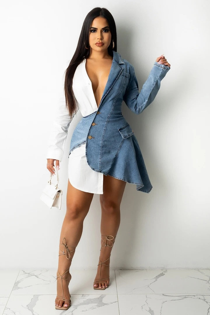 Robe en jeans assemblés manches longues