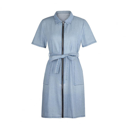 Robe jeans balançoire manche courte avec ceinture et fermeture éclair