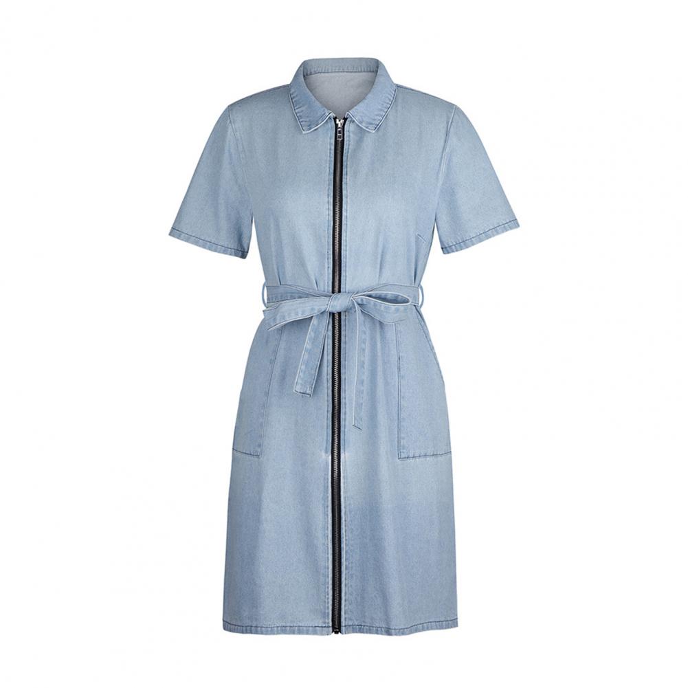 Robe jeans balançoire manche courte avec ceinture et fermeture éclair