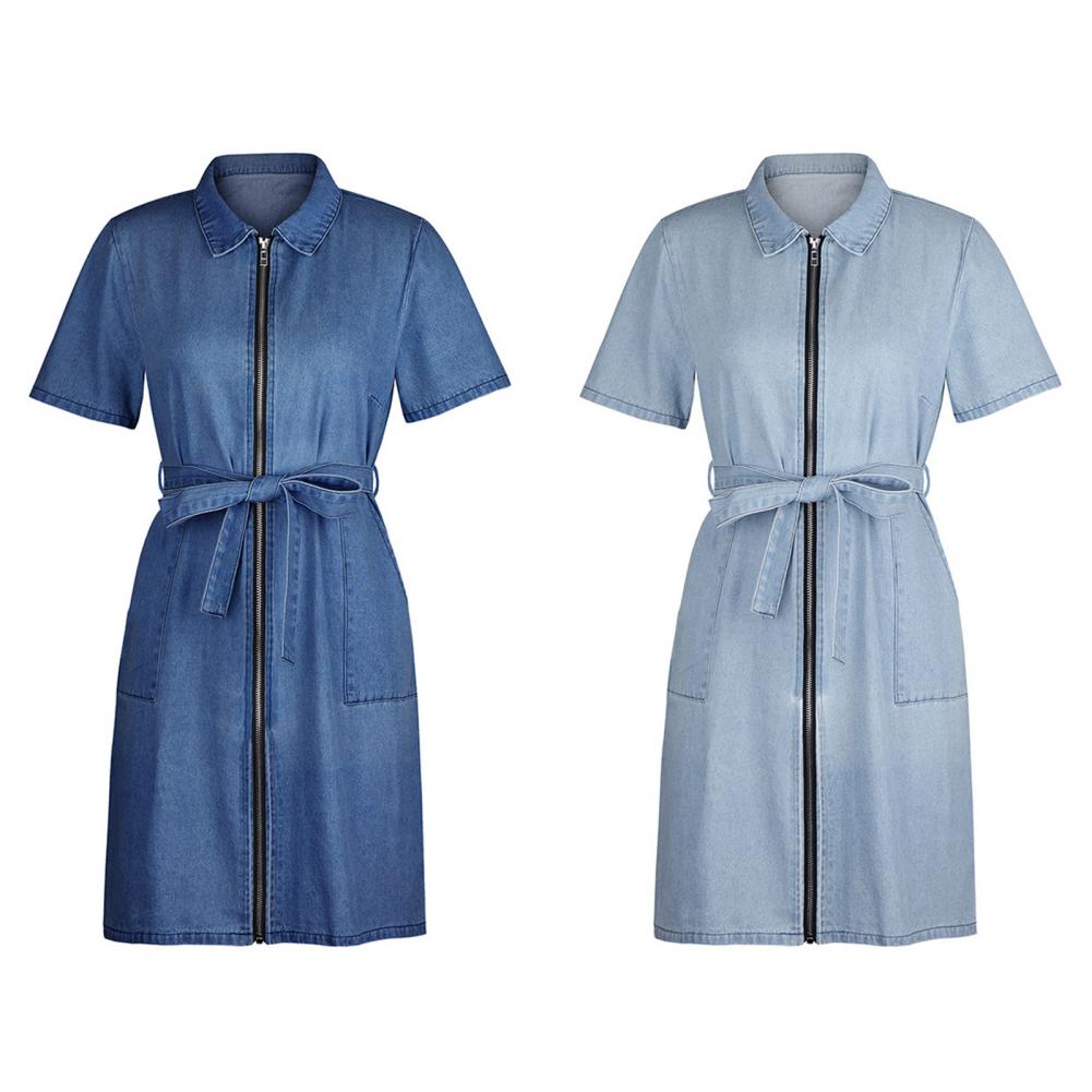 Robe jeans balançoire manche courte avec ceinture et fermeture éclair