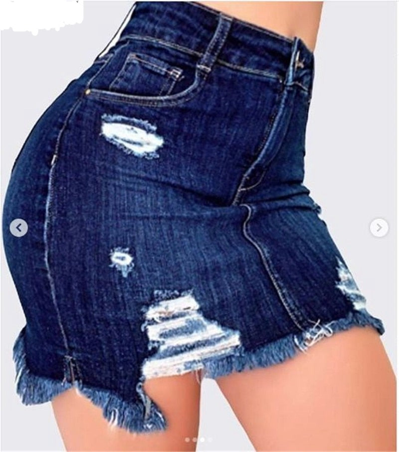 Jupe crayon en jean déchiré boutons taille haute